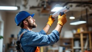 A photograph of a lighting contractor expertly installing a 4-foot light fixture in a well-lit workspace