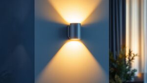 A photograph of a stylishly designed led wall sconce light installed in a modern interior setting