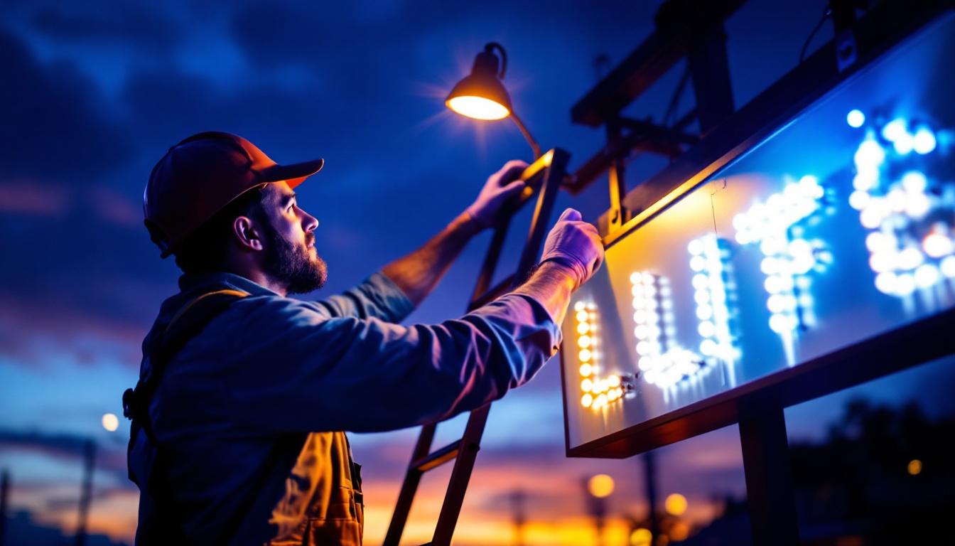 A photograph of a lighting contractor installing or adjusting a commercial outdoor sign light