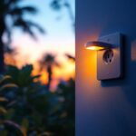 A photograph of a well-lit outdoor space featuring a stylish and functional outlet light installed in a natural setting