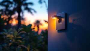 A photograph of a well-lit outdoor space featuring a stylish and functional outlet light installed in a natural setting