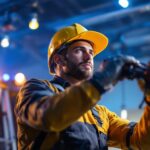 A photograph of a skilled lighting contractor at work
