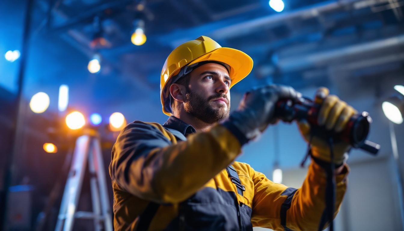 A photograph of a skilled lighting contractor at work