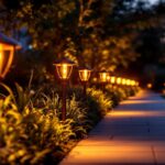 A photograph of a beautifully illuminated pathway lined with stylish led pathway lights