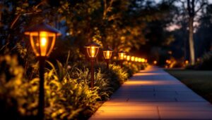 A photograph of a beautifully illuminated pathway lined with stylish led pathway lights