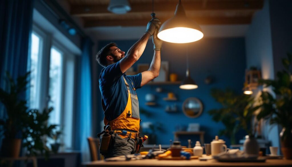 A photograph of a skilled lighting contractor installing a stylish light fixture in a beautifully designed space
