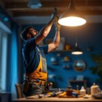 A photograph of a skilled lighting contractor installing a stylish light fixture in a beautifully designed space