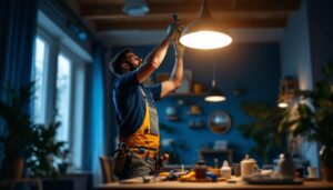 A photograph of a skilled lighting contractor installing a stylish light fixture in a beautifully designed space