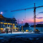 A photograph of a well-lit construction site at dusk