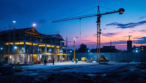 A photograph of a well-lit construction site at dusk