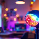A photograph of a vibrant rgb led lamp in a well-lit workspace