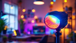 A photograph of a vibrant rgb led lamp in a well-lit workspace