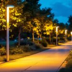 A photograph of a well-lit outdoor space featuring a sleek led light pole illuminating pathways or recreational areas