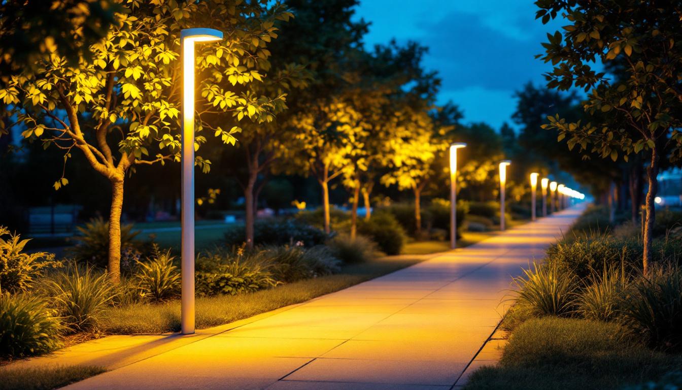 A photograph of a well-lit outdoor space featuring a sleek led light pole illuminating pathways or recreational areas