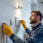 A photograph of a skilled lighting contractor installing modern outlets and switches in a residential setting