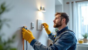 A photograph of a skilled lighting contractor installing modern outlets and switches in a residential setting