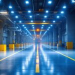 A photograph of a well-lit industrial space showcasing highbay lights in action
