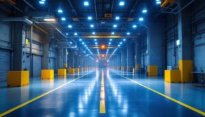 A photograph of a well-lit industrial space showcasing highbay lights in action