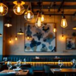 A photograph of a beautifully designed restaurant interior featuring a variety of stylish light fixtures that enhance the ambiance