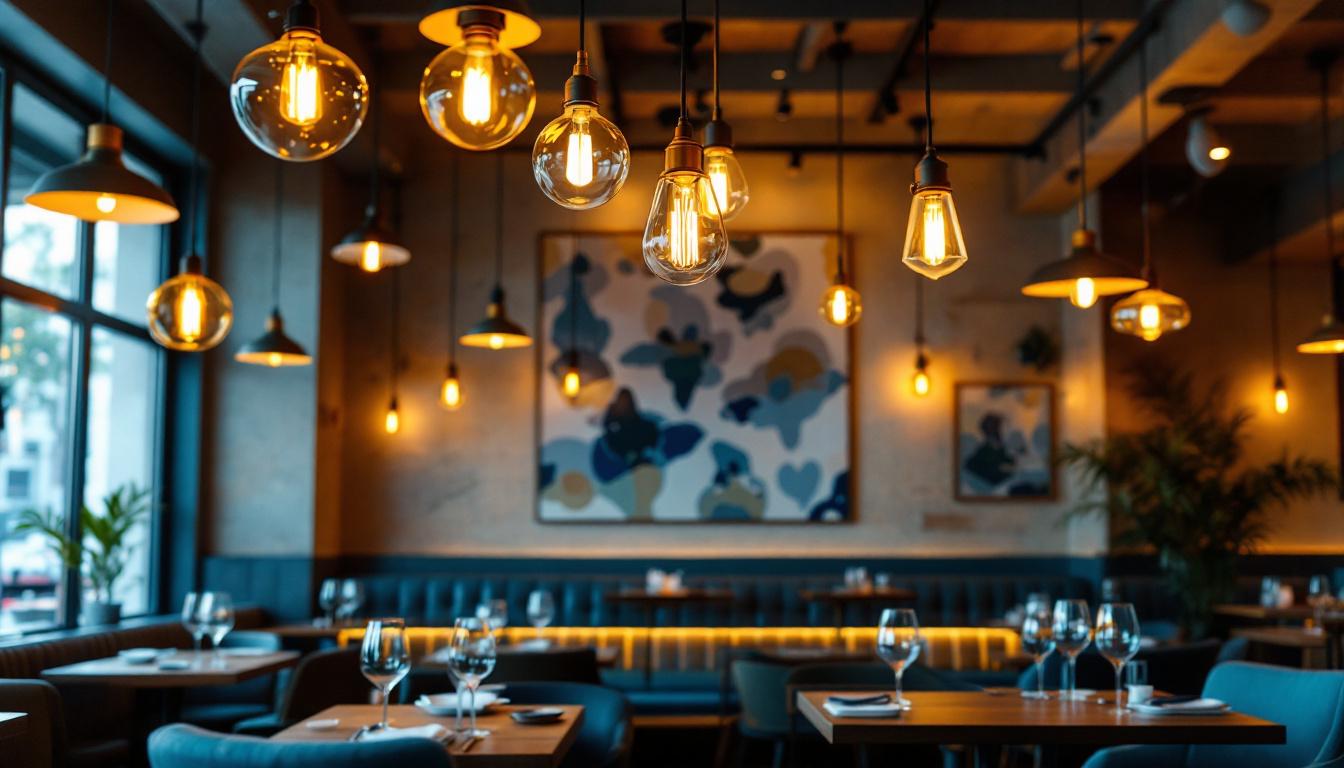 A photograph of a beautifully designed restaurant interior featuring a variety of stylish light fixtures that enhance the ambiance