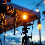 A photograph of a skilled lighting contractor setting up temporary lighting at an outdoor event