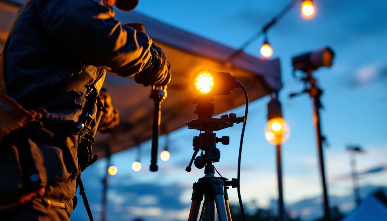 A photograph of a skilled lighting contractor setting up temporary lighting at an outdoor event
