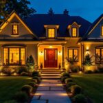 A photograph of a beautifully illuminated house at dusk