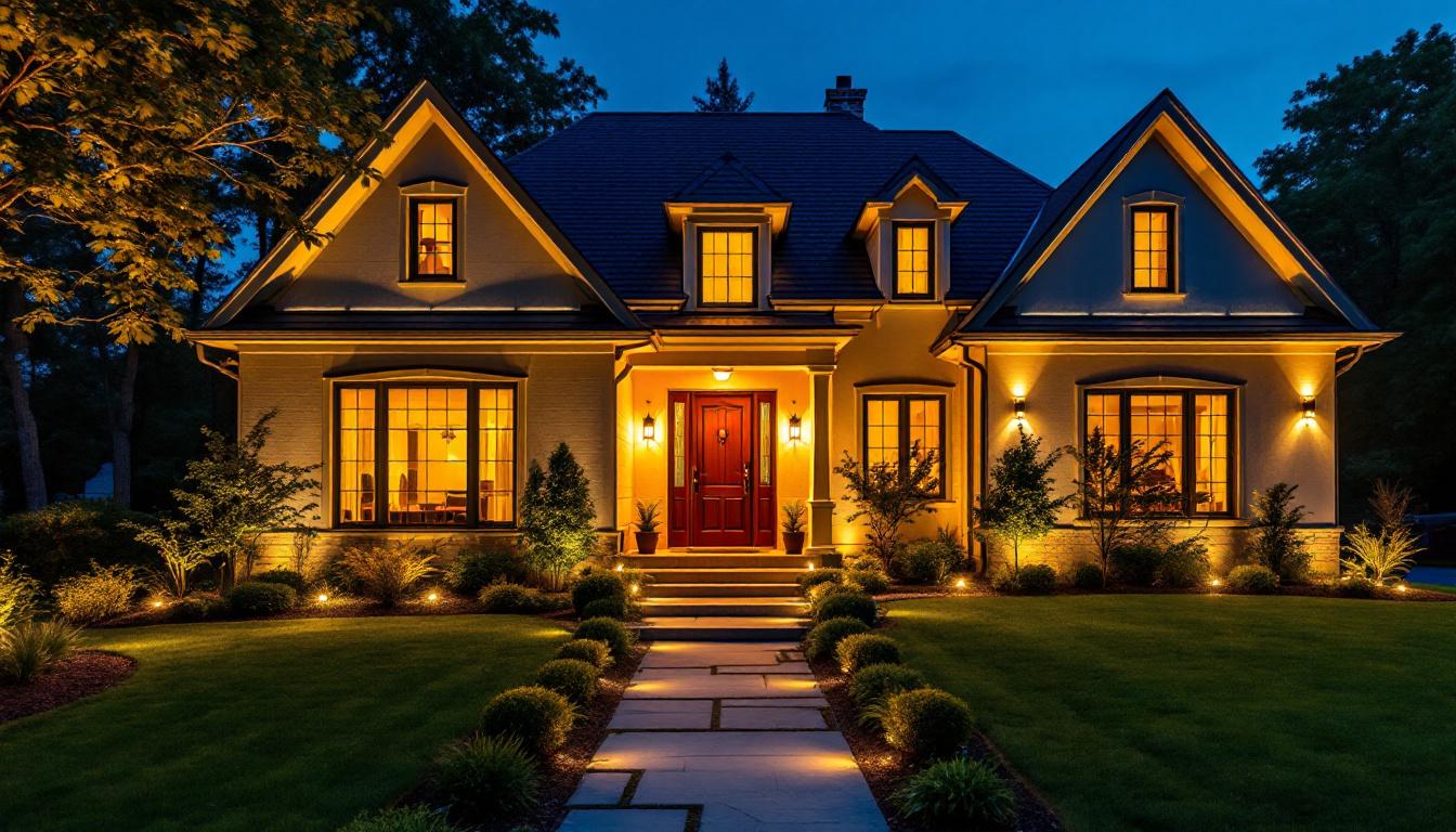 A photograph of a beautifully illuminated house at dusk