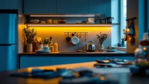 A photograph of a well-lit kitchen featuring sleek 12-volt under cabinet lighting