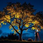 A photograph of a beautifully illuminated tree at dusk