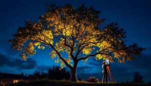 A photograph of a beautifully illuminated tree at dusk