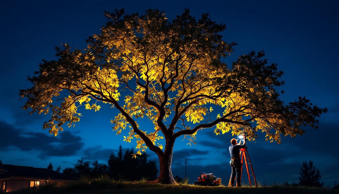 A photograph of a beautifully illuminated tree at dusk