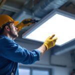 A photograph of a lighting contractor working on the installation of a 2x2 led flat panel light in a commercial space