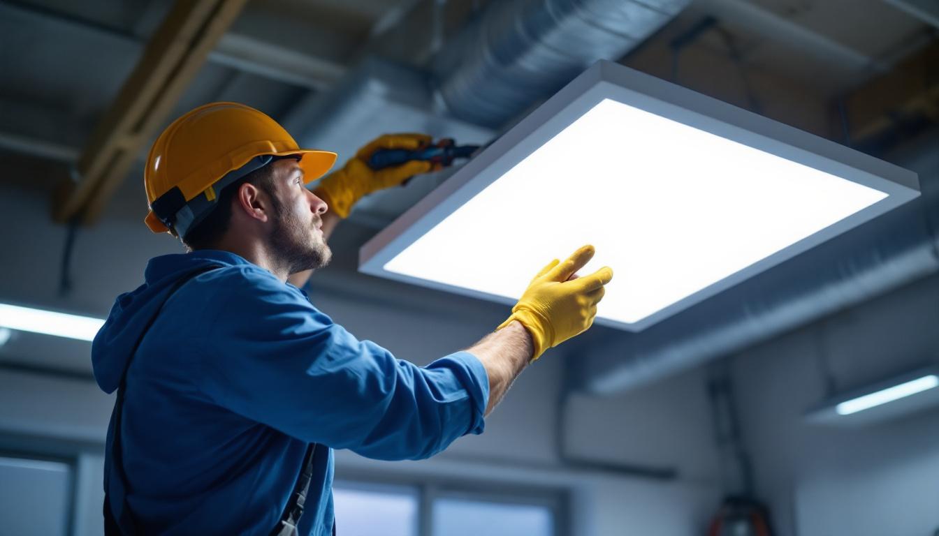 A photograph of a lighting contractor working on the installation of a 2x2 led flat panel light in a commercial space