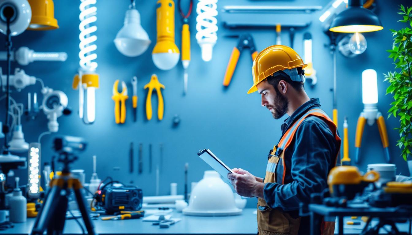 A photograph of a well-organized workspace featuring various types of light fixtures