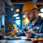 A photograph of a skilled lighting contractor in action