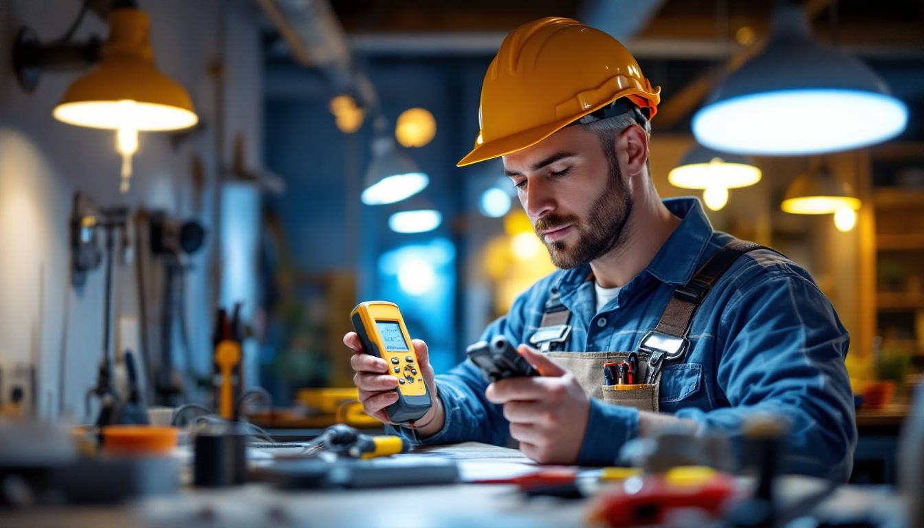 A photograph of a skilled lighting contractor in action