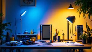 A photograph of a modern workspace featuring a sleek