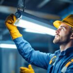 A photograph of a lighting contractor expertly replacing a fluorescent bulb with a modern led bulb in a commercial setting