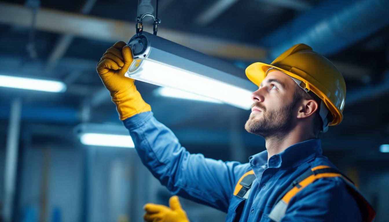 A photograph of a lighting contractor expertly replacing a fluorescent bulb with a modern led bulb in a commercial setting