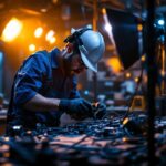 A photograph of a skilled lighting contractor working with various cables and lighting fixtures in a well-lit