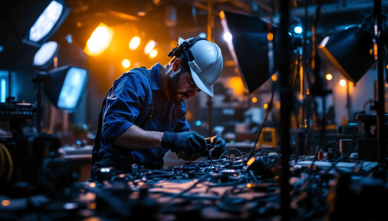 A photograph of a skilled lighting contractor working with various cables and lighting fixtures in a well-lit