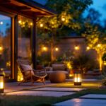 A photograph of a beautifully illuminated outdoor space featuring solar led lights in various settings