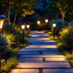 A photograph of a beautifully illuminated outdoor pathway featuring various styles of solar path lights