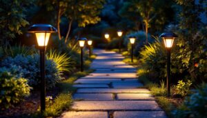 A photograph of a beautifully illuminated outdoor pathway featuring various styles of solar path lights