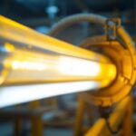 A photograph of a close-up of a fluorescent bulb and ballast