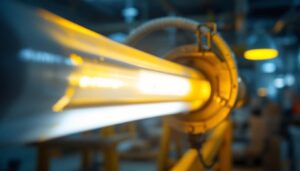 A photograph of a close-up of a fluorescent bulb and ballast