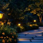 A photograph of a beautifully illuminated outdoor space featuring solar-powered night lights