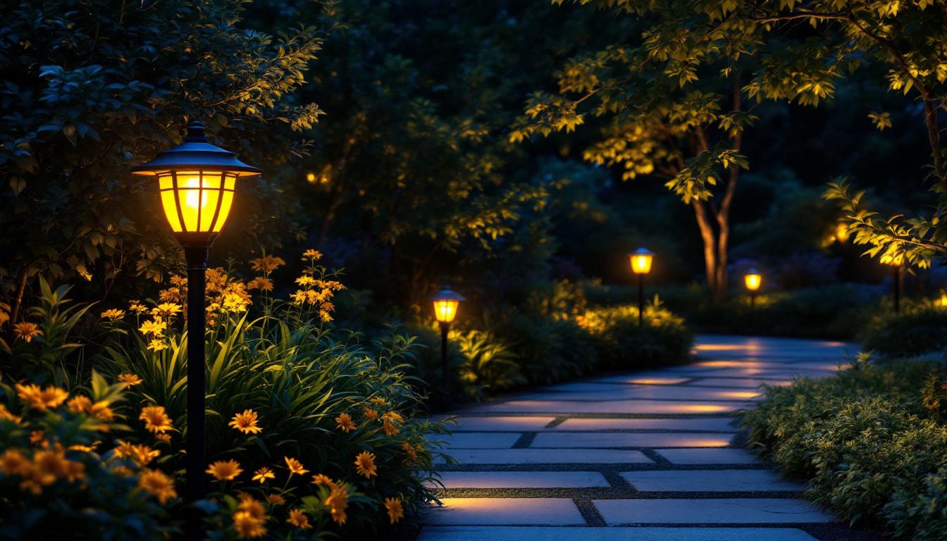 A photograph of a beautifully illuminated outdoor space featuring solar-powered night lights