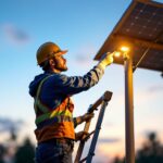 A photograph of a lighting contractor installing solar lights on a tall pole in an outdoor setting